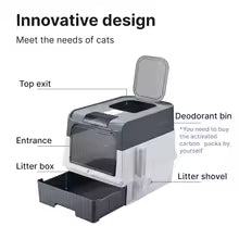 Large Space Foldable Cat Litter Box with Front Entry & Top Exit with Tray - friendly pets